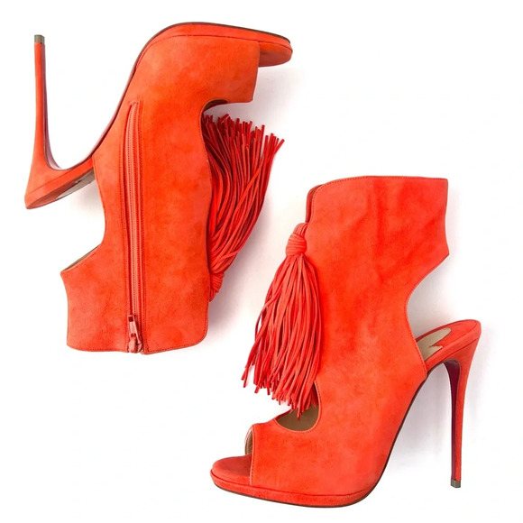 CHRISTIAN LOUBOUTIN || Fringe Peep Tassel Heels Otoka 120 Coral Suede US 7.5 - Picture 2 of 14